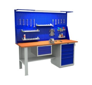 Töölaud 2000x700 mm LED-valgusti, perforeeritud pleki ja 2 sahtliboksiga, PREXP223