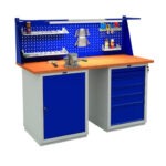 Töölaud 1600x700 mm LED-valgusti, perforeeritud pleki, kapi ja sahtliboksiga, PREXP605