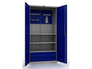 Metallkapp tööriistadele 1900x950x500 mm, kolme riiuli, kahe suure sahtli, perforeeritud pleki ja tarvikuhoidikutega, PR023020