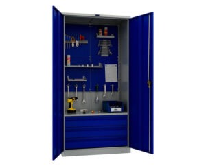 Metallkapp tööriistadele 1900x950x500 mm, kolme sahtli ja perforeeritud plekiga, PR041030