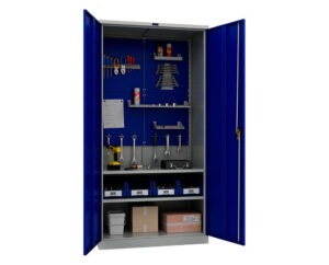 Metal cabinet for tools 1900x950x500 mm, with two shelves and perforated sheet metal plate