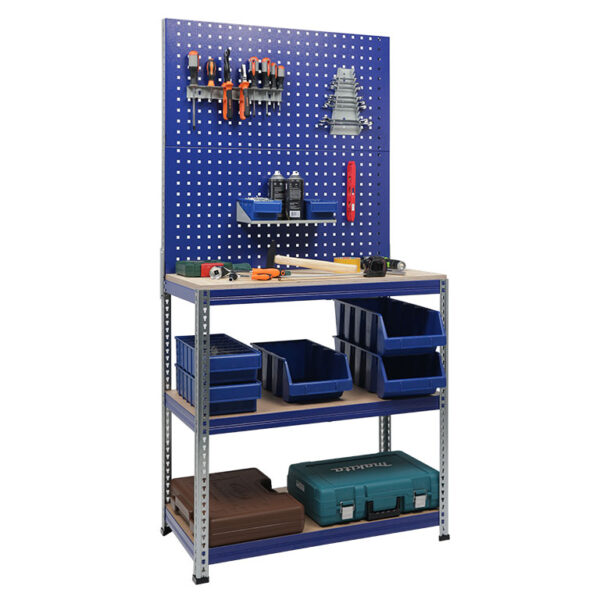 Töölaud 1000x500 mm, perforeeritud pleki, vineerkatte ja riiuliga, PRGARSET3